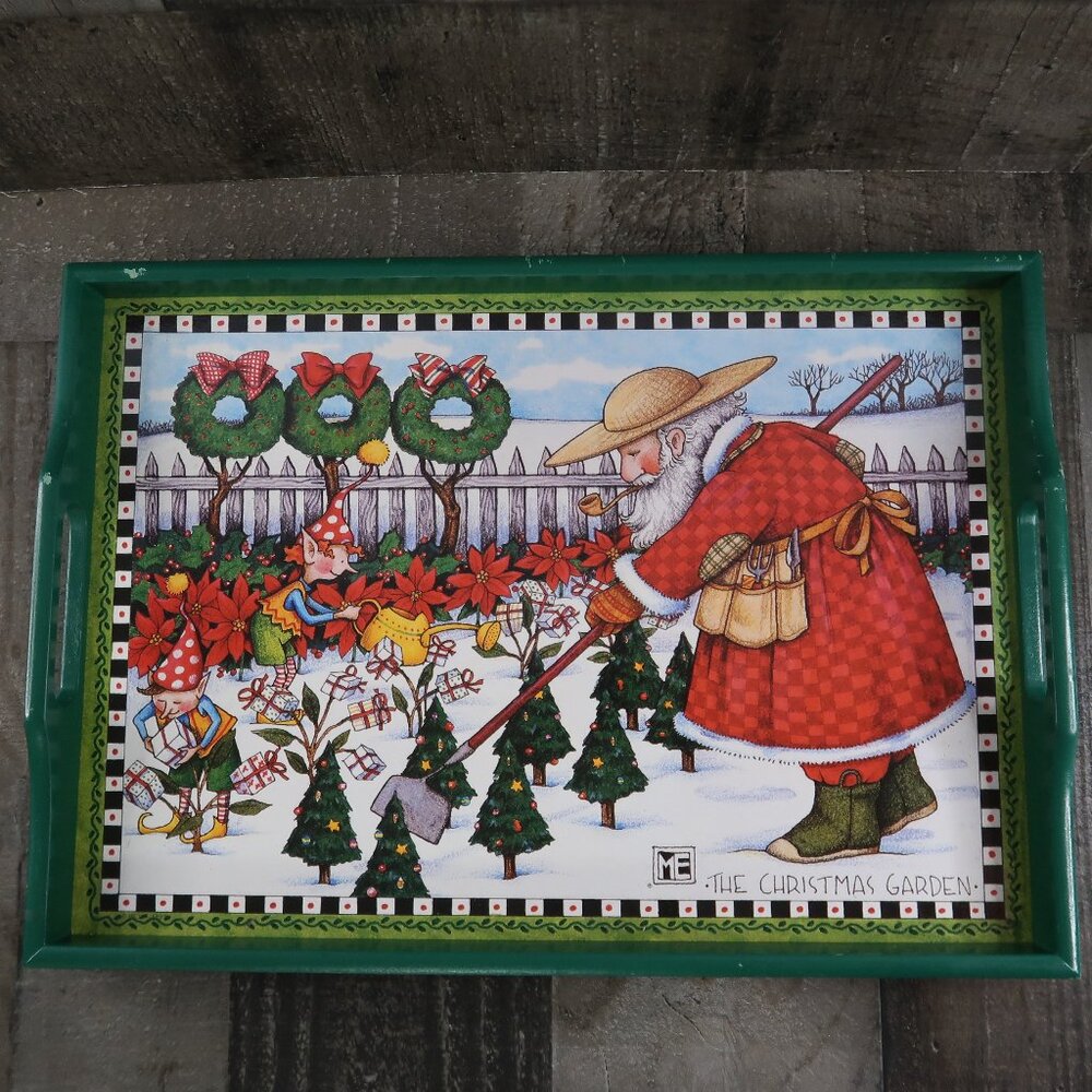 Mary Englebreicht Santa's The Christmas Garden Handled Wood Tray Holiday